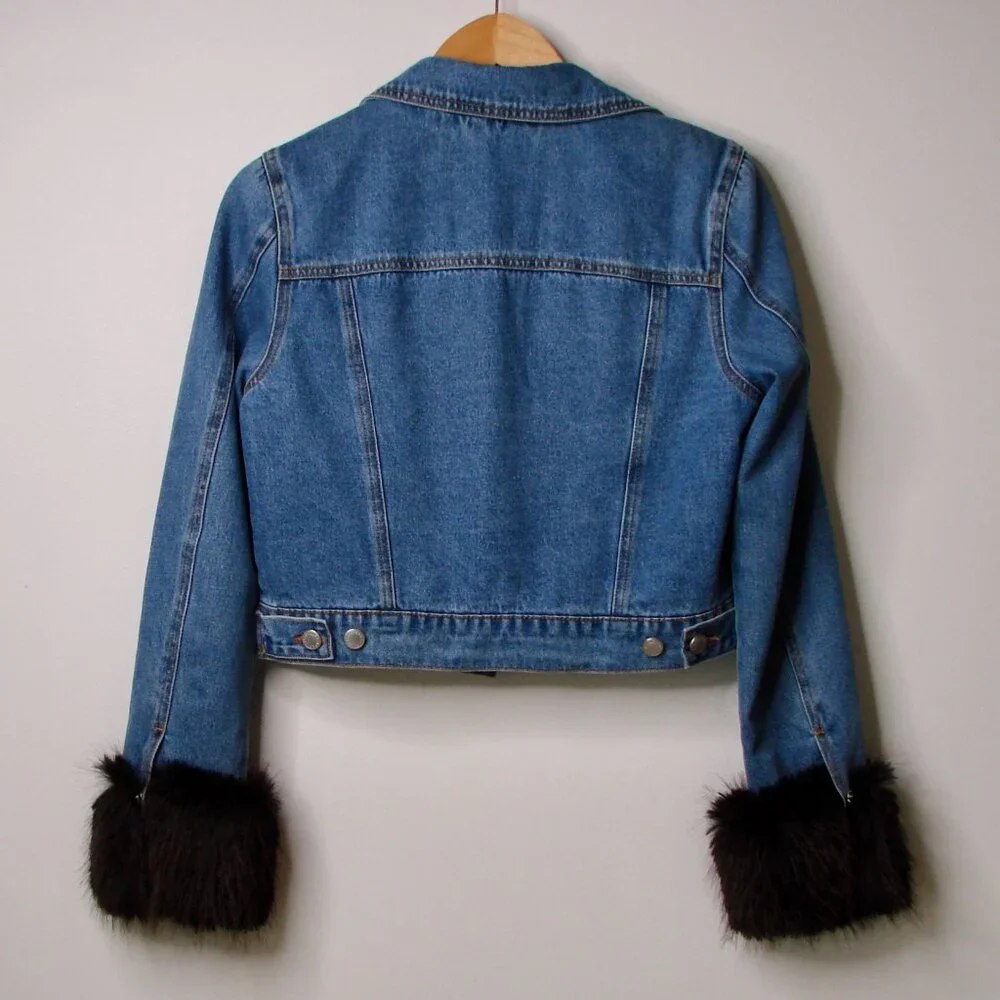 Anthropologie Avec Les Filles Denim Jean Jacket Faux Fur Trim Size Small NEW - Picture 12 of 15